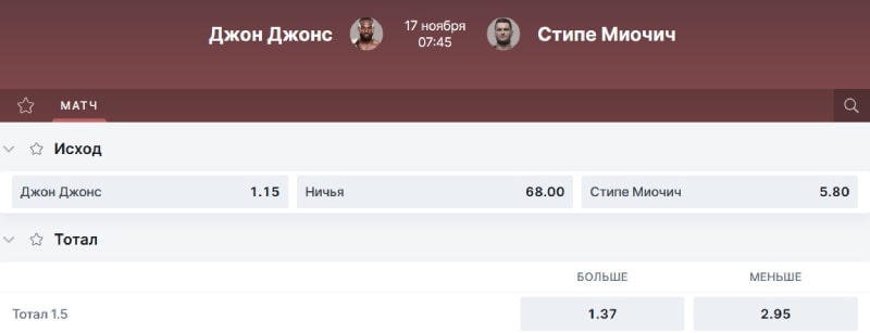 Коэффициенты ставок на поединок Джонс — Миочич в FONBET