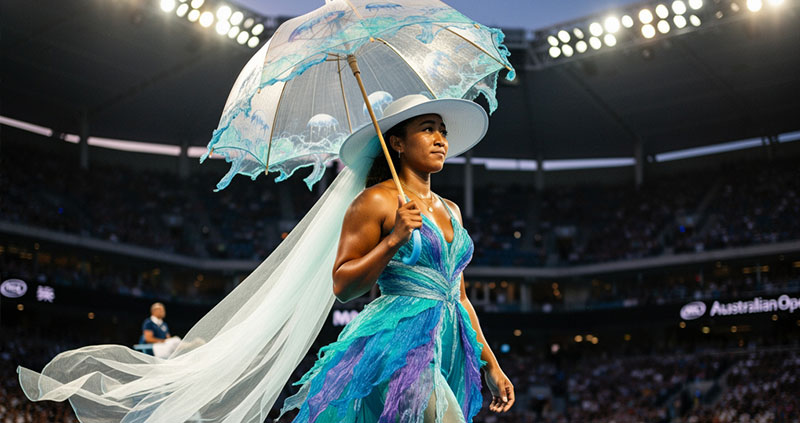 Наоми Осака в платье с медузами на корте в Мельбурне.