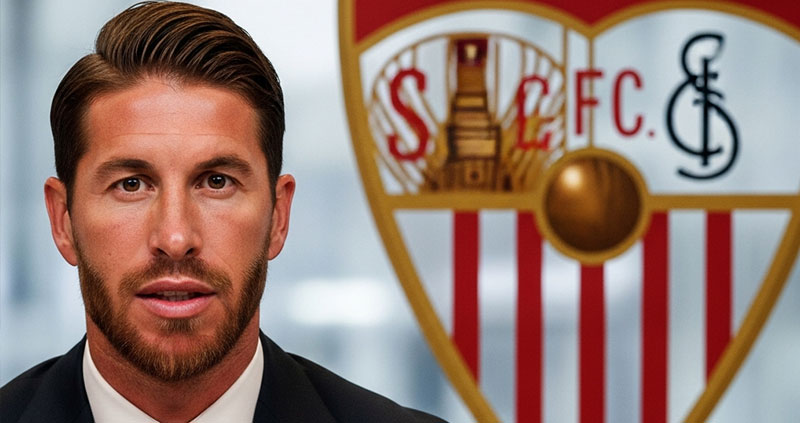 Серхио Рамос в футболке Севильи на пресс-конференции.