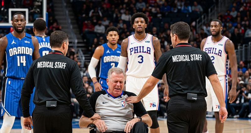 Арбитр НБА Билл Кеннеди покинул матч Орландо — Филадельфия на коляске из-за травмы