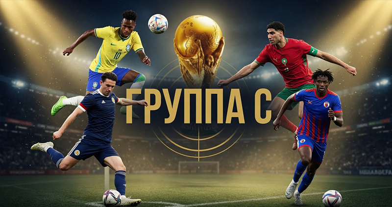 Силуэты игроков Бразилии, Марокко и Шотландии на фоне турнира.